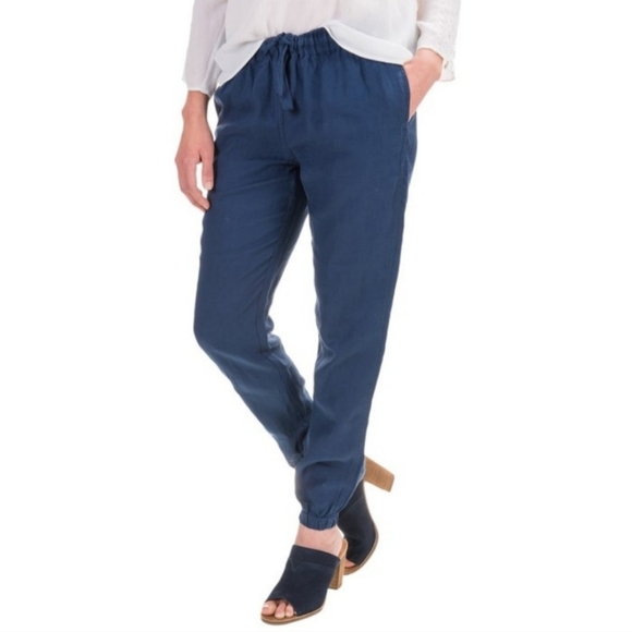 St Tropez West 100% Linen Pants Joggers Blue Beachy Coastal Vacation Summer Sz M - Picture 1 of 10